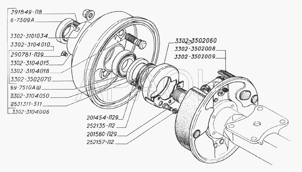 Ступица заднего колеса с барабаном, тормоз колодочный задний ГАЗ-2705 (дв. ЗМЗ-402)